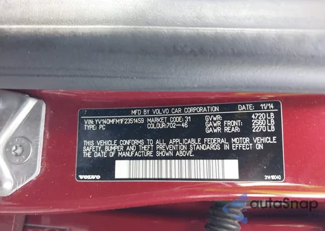 2015 Volvo S60 T5 Platinum z USA, uszkodzony, nr VIN YV140MFM1F2351459